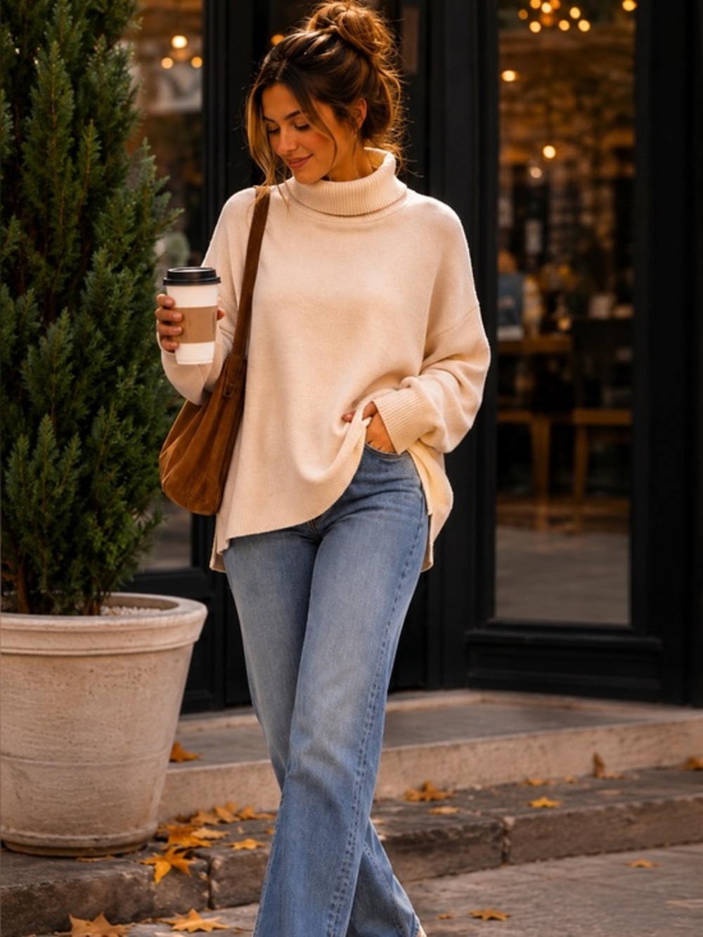 Viscose Nylon Blend Cream Turtleneck Oversized Sweater S Cozy Winter Minimalist